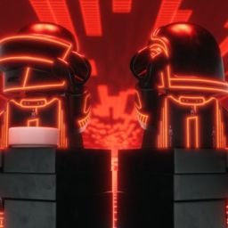 Two Daft Punk robot minifigures in LEGO brick style facing each other, outlined in glowing red neon, behind a brick-built console