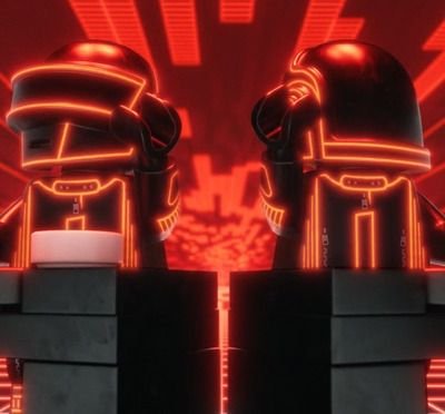 Two Daft Punk robot minifigures in LEGO brick style facing each other, outlined in glowing red neon, behind a brick-built console
