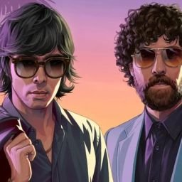 Illustrated GTA-style portrait of Justice, the French electronic duo, wearing sunglasses in front of palm trees at sunset