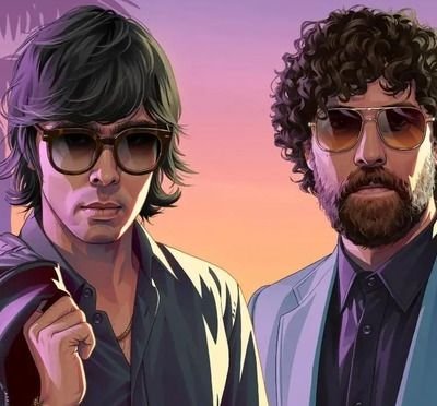 Illustrated GTA-style portrait of Justice, the French electronic duo, wearing sunglasses in front of palm trees at sunset