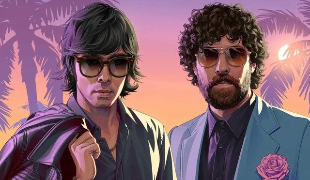 Illustrated GTA-style portrait of Justice, the French electronic duo, wearing sunglasses in front of palm trees at sunset